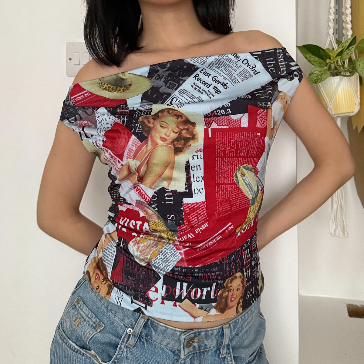 woman wearing printed off the shoulder top